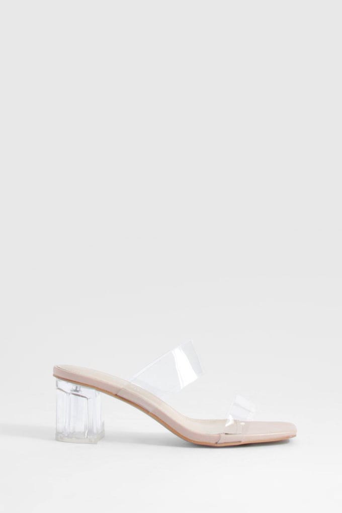 boohoo Dames Wide Fit Clear Double Strap Low Block Heeled Mules | Nude | Maat: 38