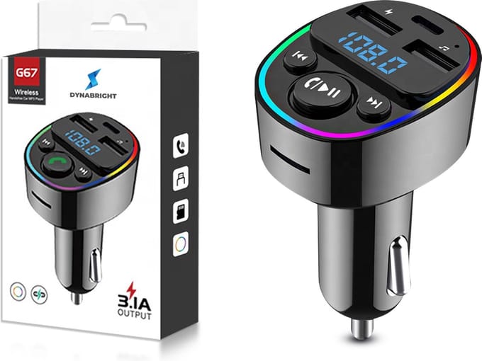 DynaBright FM Transmitter V1 – USB Lader - Handsfree Bellen Auto - Bluetooth Transmitter – Autolader – Carkit - MP3 - Auto accessoires - USB-C Snellader