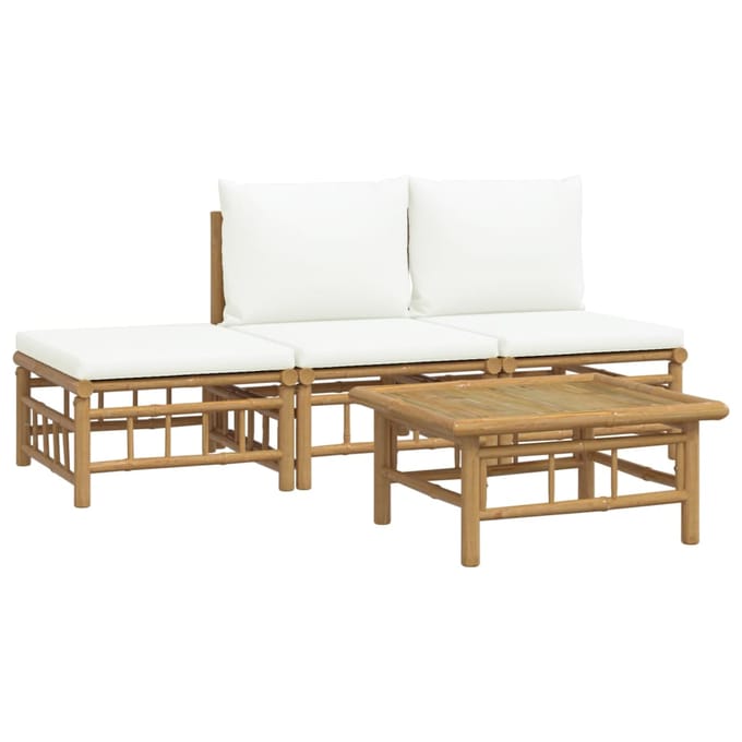 vidaXL - 4-delige - Loungeset - met - kussens - bamboe - crèmewit