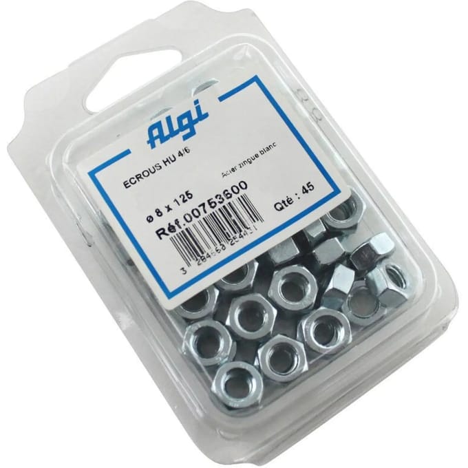 Blisterverpakking van 45 zeskantmoeren Algi