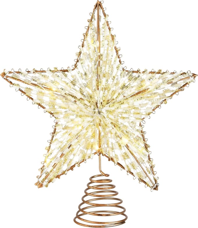 Dekoratief | Kerstboompiek ster, goud/glitters, rotan, LED, 25x25x6cm | A235183