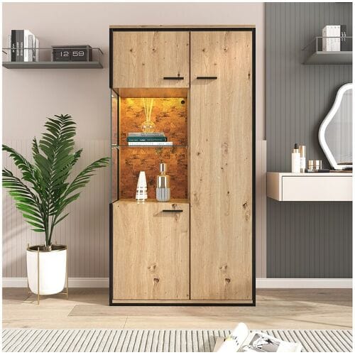 ModernLuxe Vitrine H 160cm met LED - 3 deuren en 8 vakken - Naturel