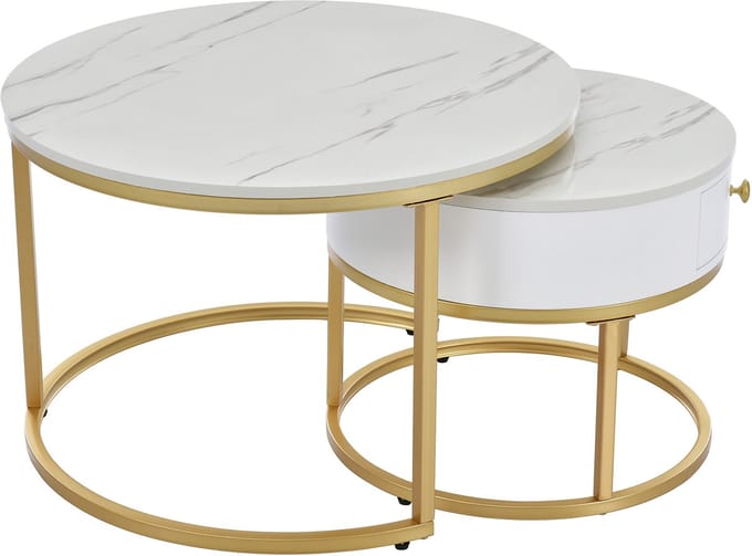 Ronde Salontafel Set van 2 - Nesting Salontafel met Hoogglans Marmerlook - Ruimtebesparend - Woonkamer - Wit