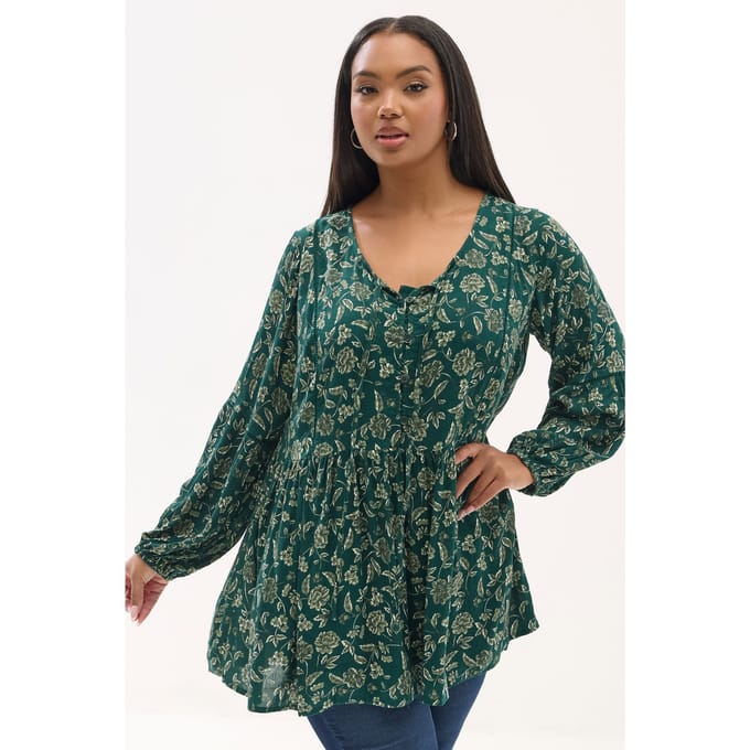Yours Groene Blouse Met Bloemenprint En Strikhals Size 42