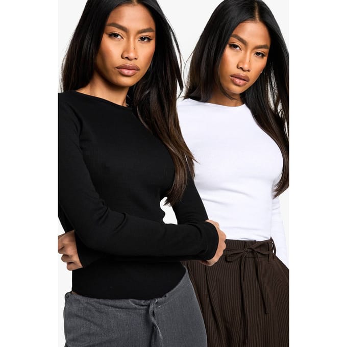 Dames Boohoo Basics 2-pack crewneck lange mouw bodysuit | Blackwhite | Maat: 34