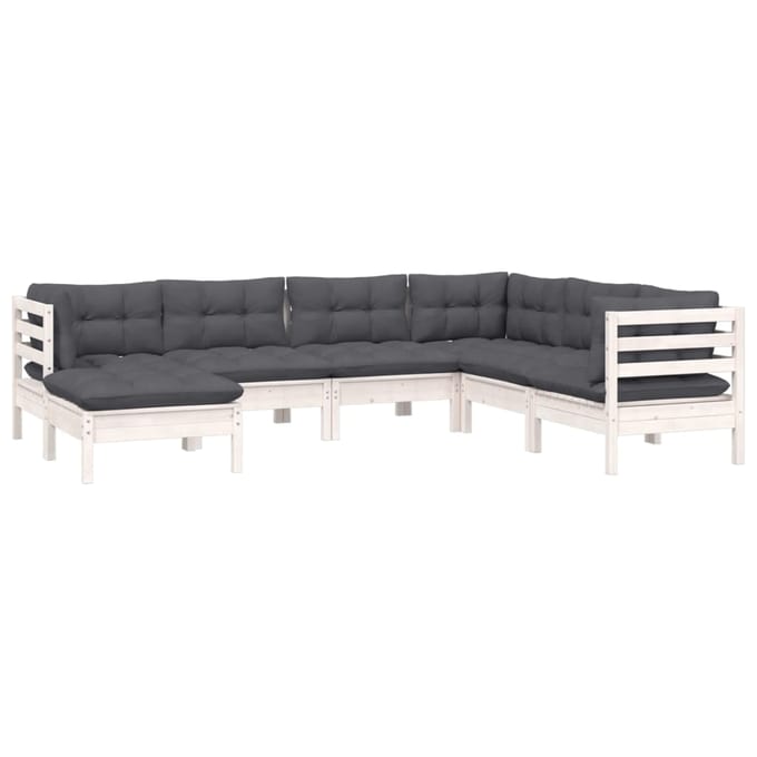 vidaXL - 7-delige - Loungeset - met - kussens - massief - grenenhout - wit