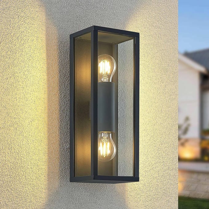 Lindby - Wandlamp buiten - 2lichts - Aluminium, glas - H: 38 cm - E27 - donkergrijs