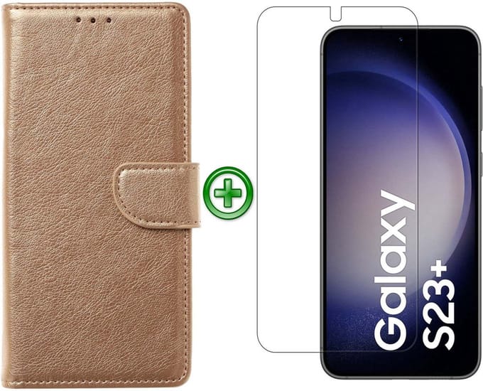 Samsung Galaxy S23 Plus hoesje - Met Samsung S23 Plus Screenprotector - Portemonnee Cover - Goud
