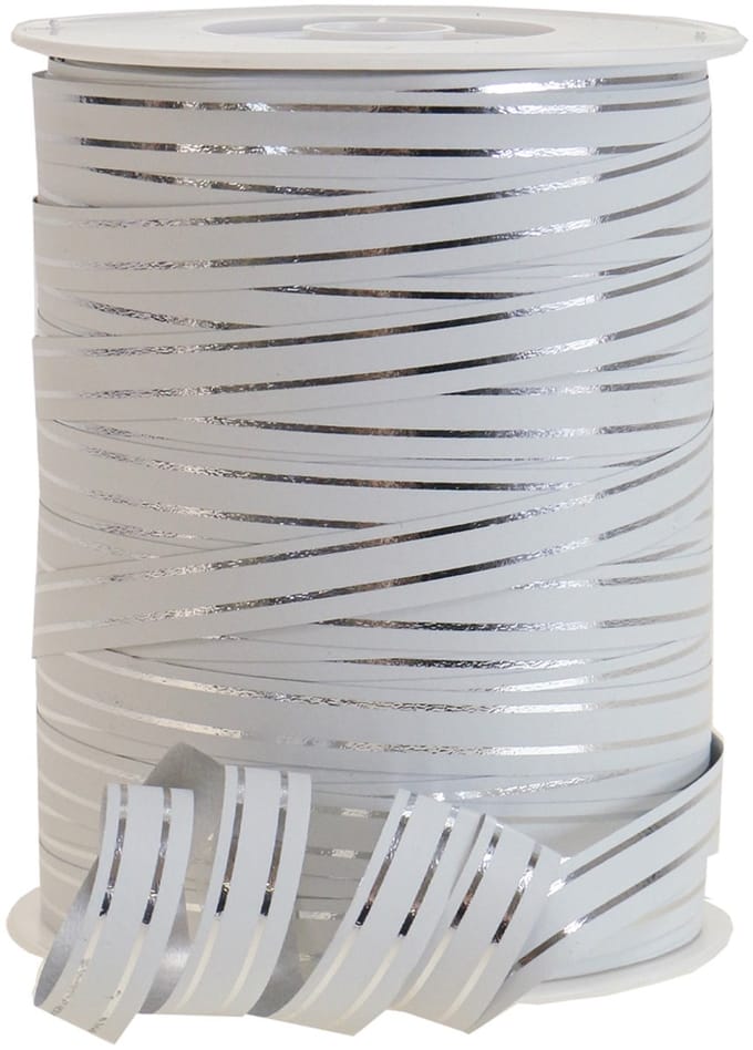 Krullint cadeaulint wit met zilveren strepen 10mm 250m