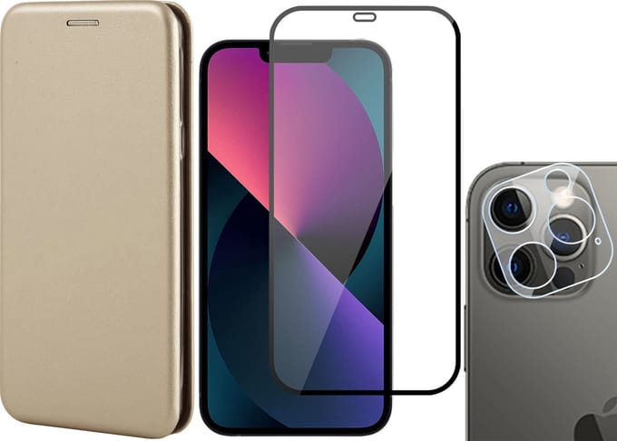 Hoesje geschikt voor iPhone 13 Pro Max - Portemonnee Book Case - Goud - Met Full Screenprotector en Camera Screen Protector