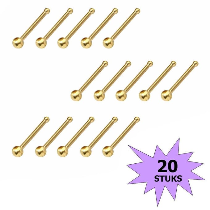 Fako Bijoux® - Neuspiercing - Stud - Staafje RVS - Staal - 2mm - Goudkleurig - 20 stuks