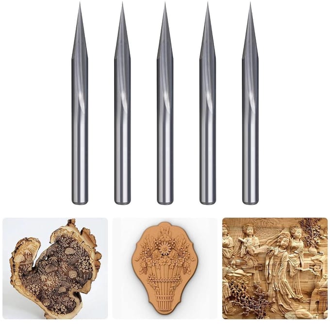 CNC Router Bits - Graveer V Bits - Houtbewerking Graveren - 2 Fluiten Carbide - 5 Stuks 0.1mm - Zilverkleurig