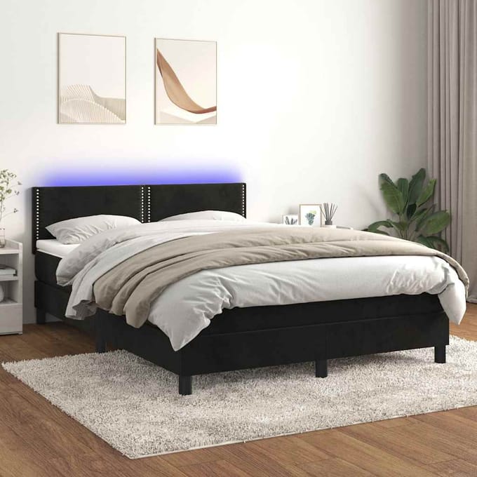 vidaXL - Boxspring - met - matras - en - LED - fluweel - zwart - 140x200 - cm