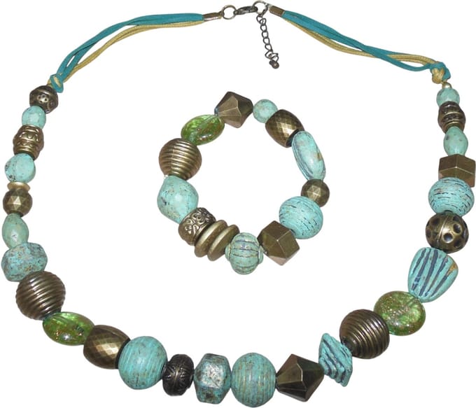 Ketting+Armband authentiek brons-turquoise