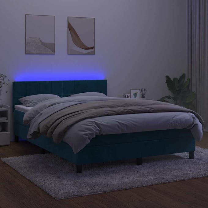 vidaXL - Boxspring - met - matras - en - LED - fluweel - donkerblauw - 140x200 - cm