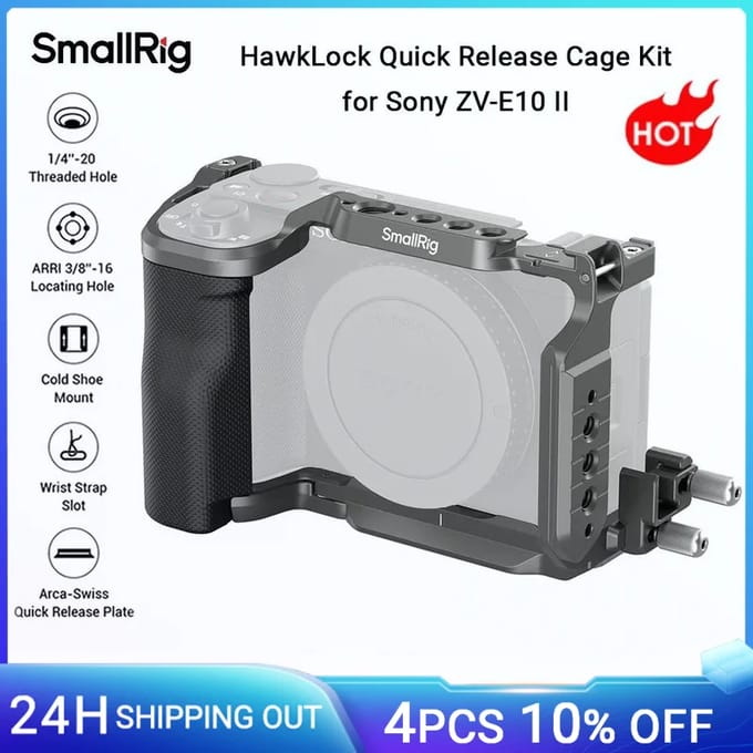 SmallRig ZV-E10 II kooi met siliconen handvat, HawkLock Quick Release Cage Kit voor Sony ZV-E10 II, met Quick Release Plate -4949 Cage Kit 4949