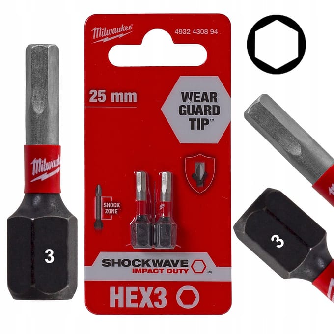Milwaukee Impact Bits HEX3 25mm Shockwave, 2 Stuks
