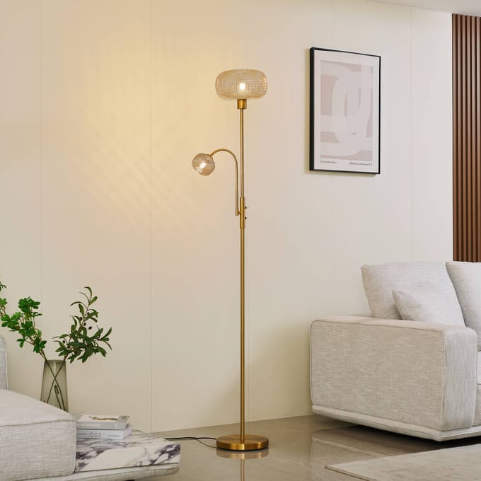 Lindby - vloerlamp - 2lichts - Glas, ijzer - H: 180 cm - E27 - amber, goud