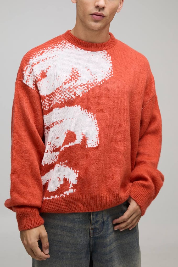 Oversized Boxy Geborstelde Oog Grafische Gebreide Trui | Orange | Size Medium