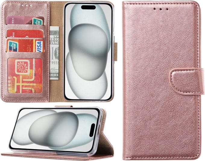 Hoesje geschikt voor iPhone 15 - Bookcase - Pasjeshouder - Kunstleer - Roségoud