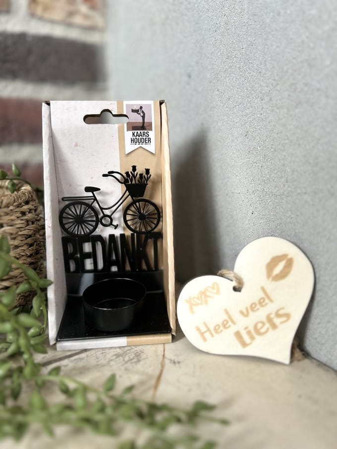 Creaties van Hier - Kaarsenhouder met houten hartje - Bedankt - Metaal - 7x4x12 cm