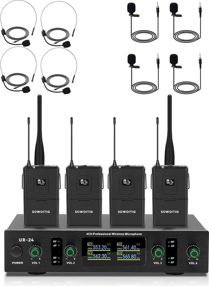 Draadloos 4-kanaals UHF Microfoonsysteem met Lavalier en Headset Microfoon - 90m Bereik