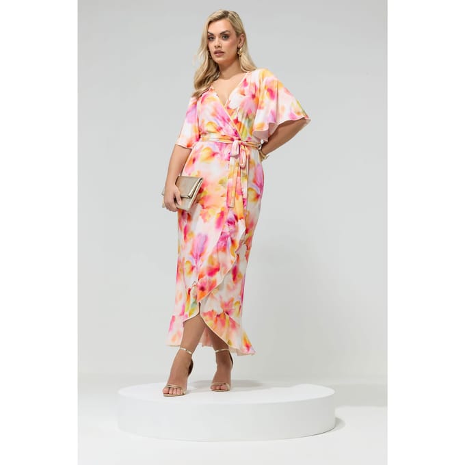 Yours London Gele Abstracte Wikkeljurk Met Ruchezoom Size 48