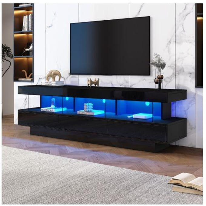 Support TV - MUVOE - Noir brillant - 3 étagères en verre - Éclairage LED - Contrôle Bluetooth
