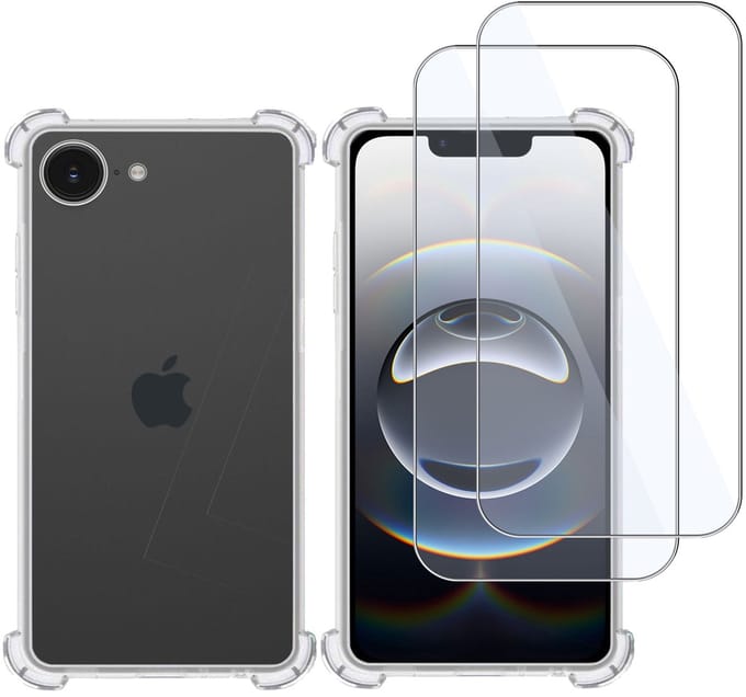 TechNow Hoesje + 2x Screenprotector geschikt voor iPhone 16e – Tempered Glass - Extreme Shock Case Transparant