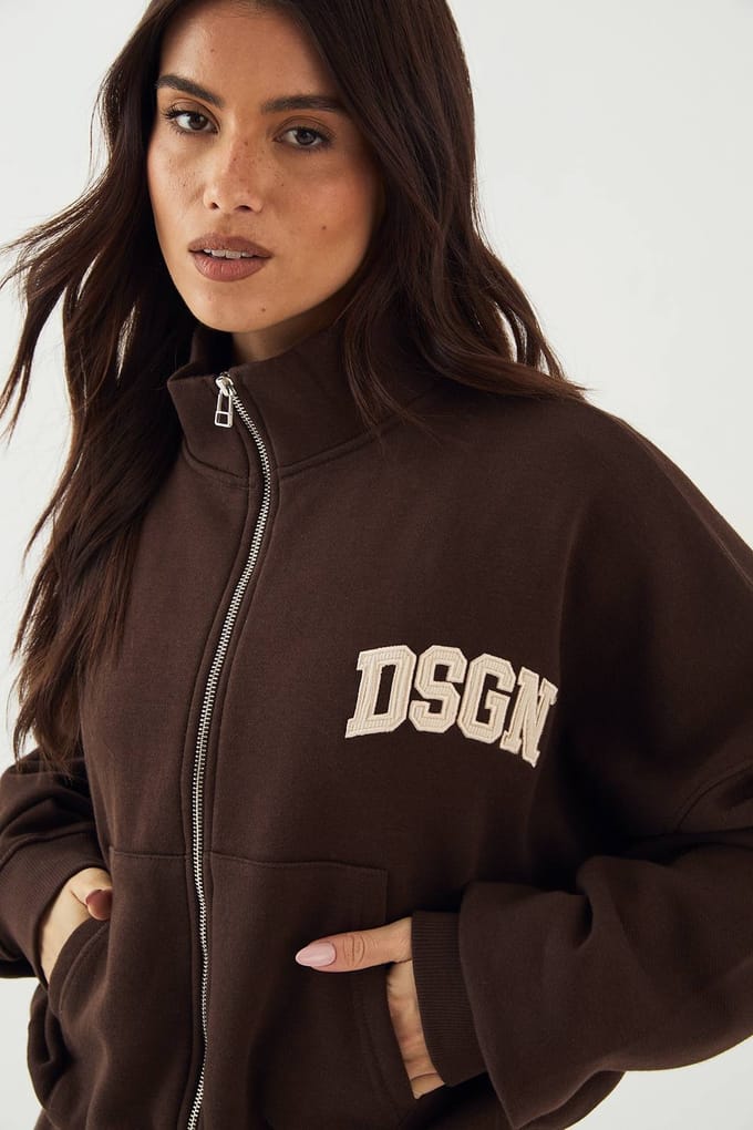 Dames DSGN Studio Cord Applique Ritssluiting Bomber Sweatshirt | Dark Chocolate | Maat: 3XL