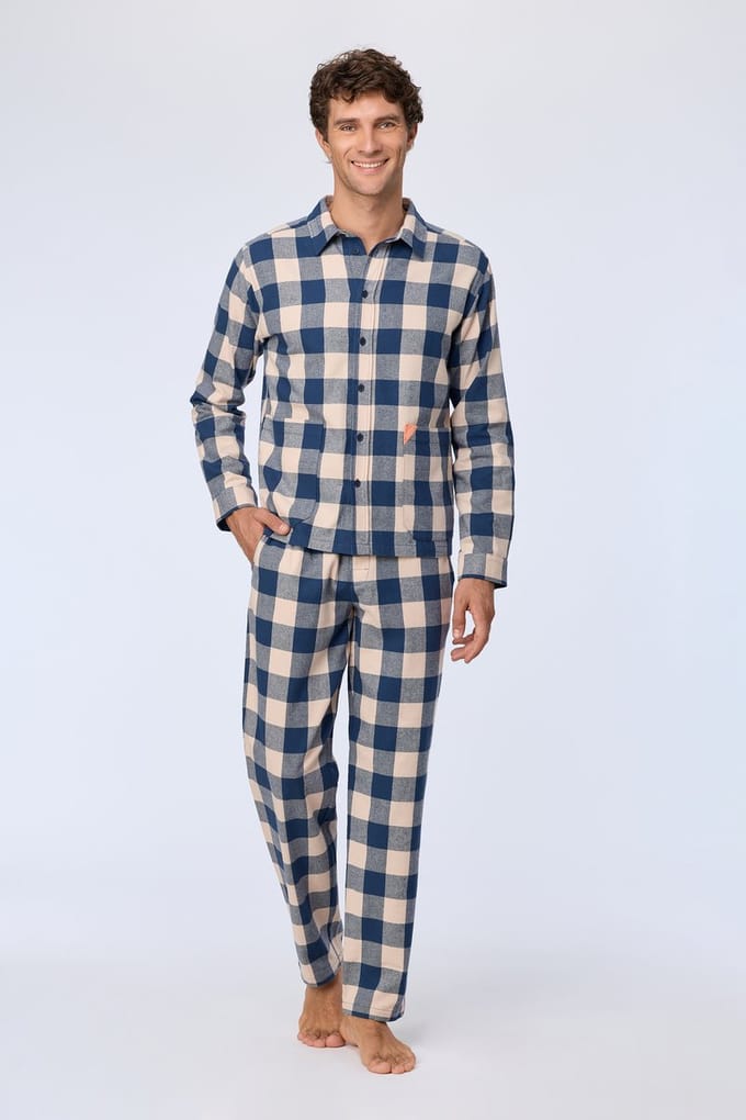 Lords & Lilies pyjama heren - beige/blauw geruit - 252-50-RPA-W/984 - maat M
