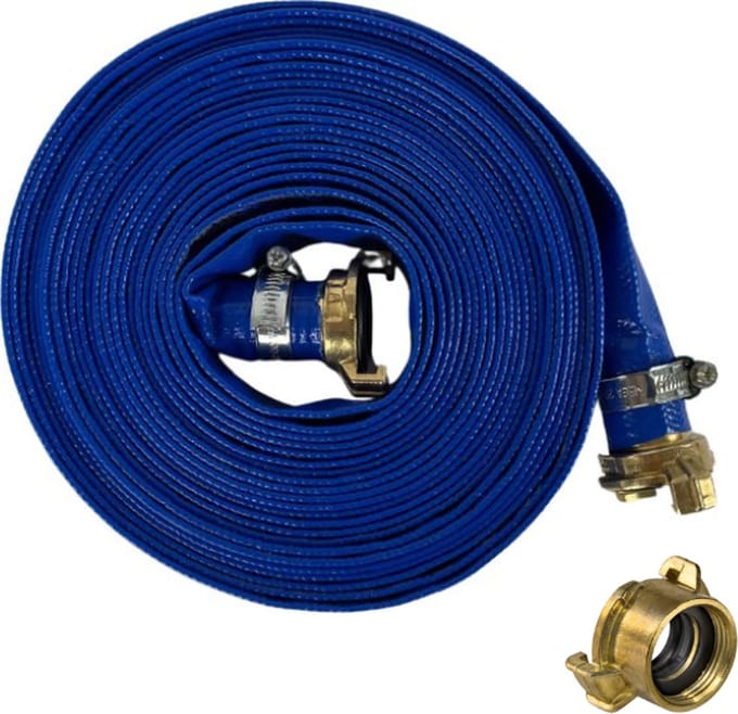 Platte waterslang 25 mm, 10 meter lang, voor dompelpompen. 3 bar met 2 Geka koppelingen gemonteerd plus 1 x Geka met 1, 1/4" binnedraad