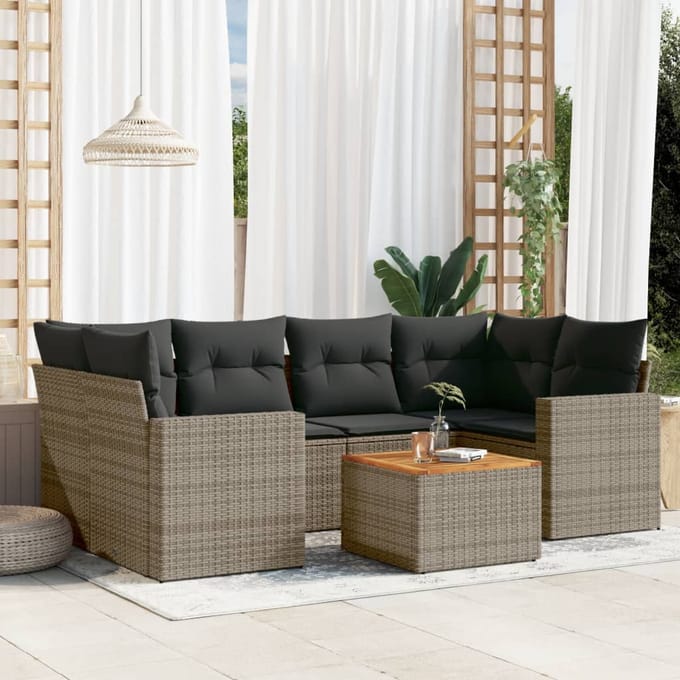 vidaXL - 7-delige - Loungeset - met - kussens - poly - rattan - grijs