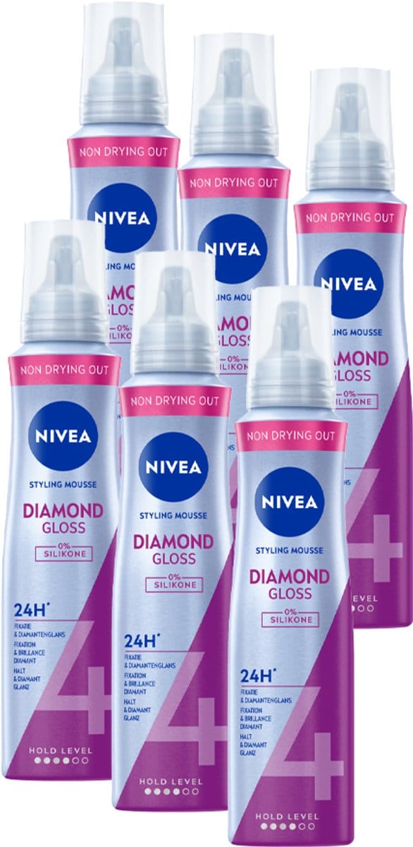NIVEA Haarmousse Diamond Gloss - Styling Mousse - Panthenol & Vitamine B3- Voordeelverpakking - 6 x 150ml