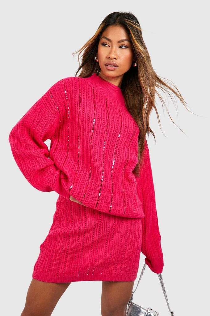 boohoo Dames Gebreide Mini Rok | Felroze | Maat: Small