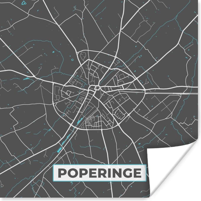 Poster Stadskaart – Grijs - Kaart – Poperinge – België – Plattegrond - 75x75 cm