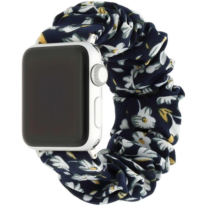2+2 | Apple Watch Bandje Savara - Scrunchie - Nylon - Donker Blauw Bloemen