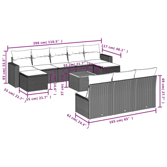 vidaXL - 11-delige - Loungeset - met - kussens - poly - rattan - grijs