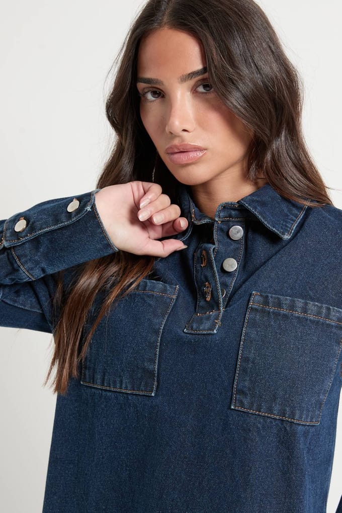 boohoo Dames Petite denimjurk met lange mouwen | Indigo | Maat: 4