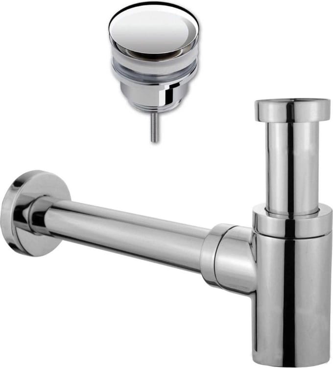 Design sifon Evolution 1¼" chroom met muurbuis inclusief luxe click waste afvoerplug Clic-Clac 1¼" chroom