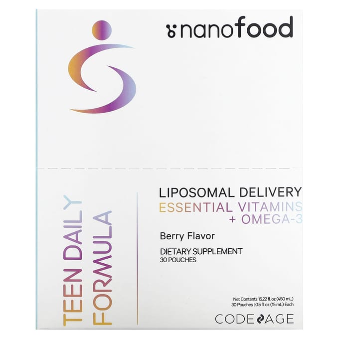 Codeage, Nanofood, formule quotidienne pour adolescents, administration liposomale, vitamines essentielles + oméga-3, baies, 30 sachets, 15 ml (0,5 fl oz) chaque