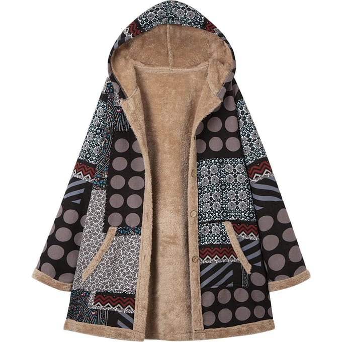 Vrouwen Plus Size Jas Capuchon Fluffy Imitatiebont Gevoerde Vintage Print Winterjas Overjas Medium grijs