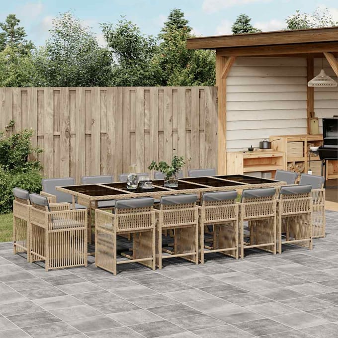 vidaXL - 15-delige - Tuinset - met - kussens - poly - rattan - gemengd - beige