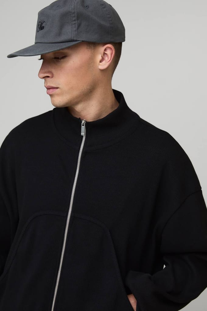 Oversized Boxy Rib Jersey Funnel Neck Track Top | Black | Size Small