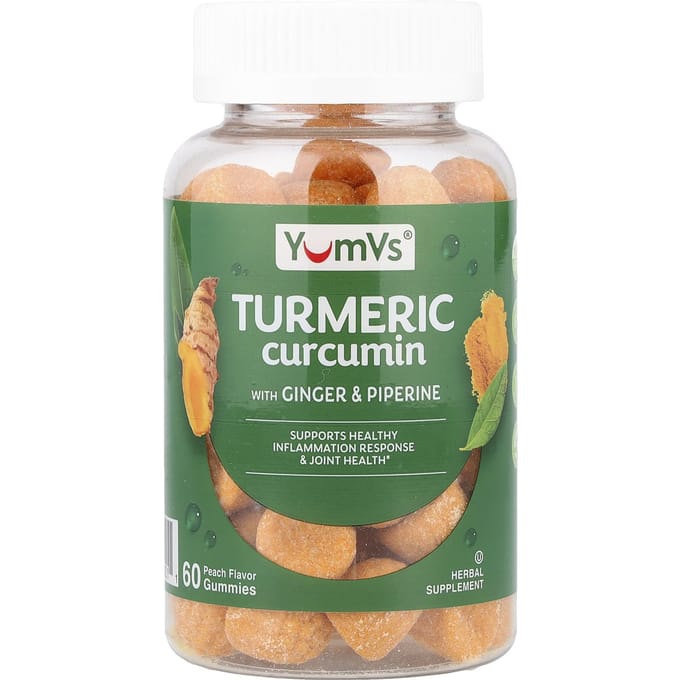 YumVs, Gember & Piperine Gummies met Kurkuma Curcumine, Perzik, 60 Gummies