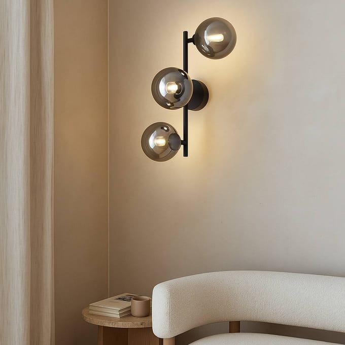 Lindby - wandlamp - 3lichts - Metaal, glas - H: 40 cm - G9 - zwart, rookgrijs