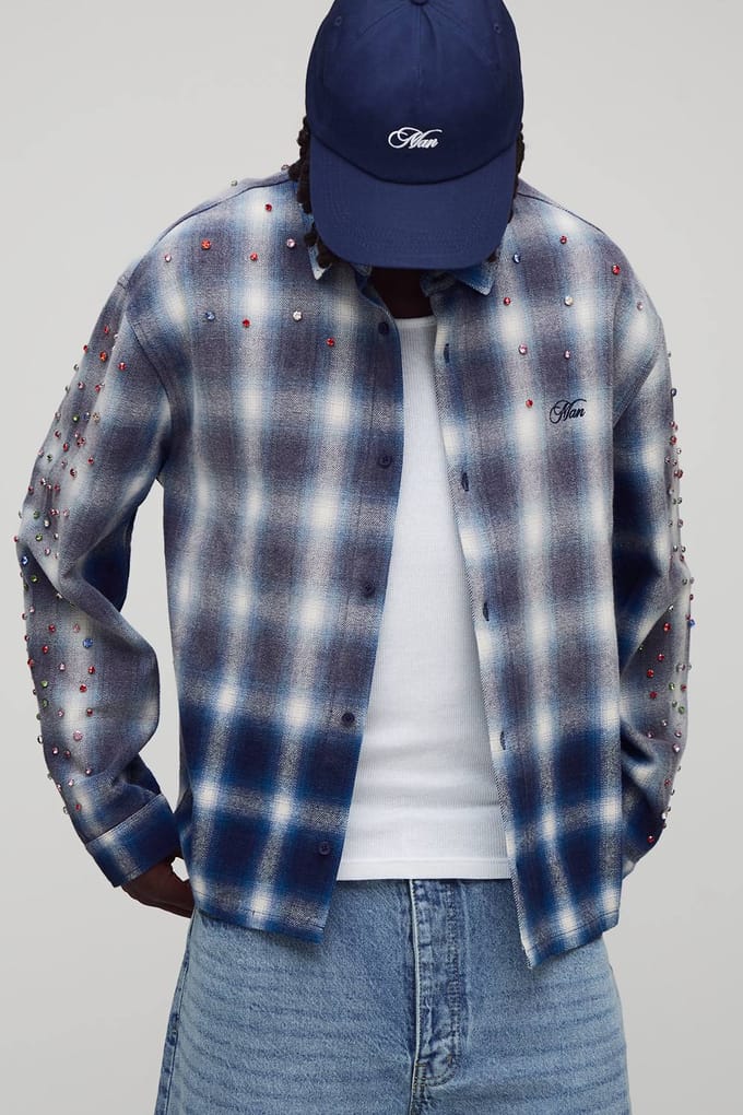 Oversized Embellished Checked Overshirt | Grey | Size XS