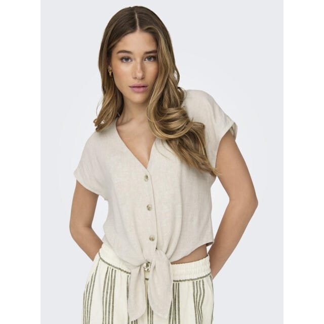 Only beige dames blouse   V-hals   Regular fit   Gemeleerd patroon   Knoopsluiting   Korte mouw Beige M