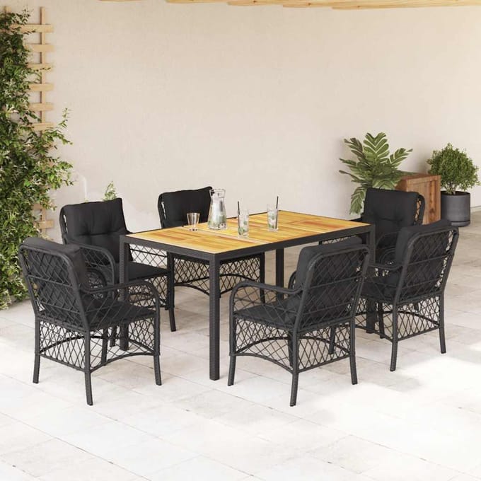 vidaXL - 7-delige - Tuinset - met - kussens - poly - rattan - zwart
