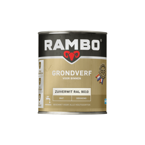 Rambo Grondverf Binnen Dekkend Mat - Vochtregulerend - Optimale Dekking - RAL 9010 - 0.75L